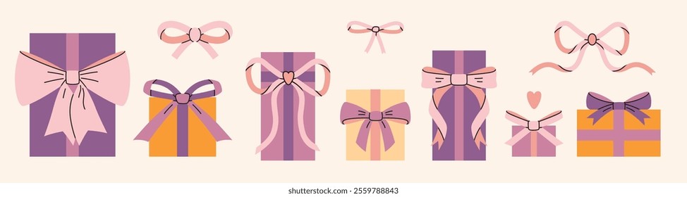 Gifts package set, boxes with festive decorations like ribbons and bows, wrapping paper. Pastel colors, gentle romantic mood. Trendy modern isolated vector illustration, hand drawn, flat design