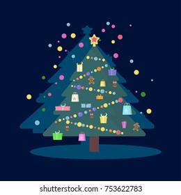 Gifts, packages from the store and decorations on the Christmas tree.  Xmas sale poster. Vector illustration eps 10