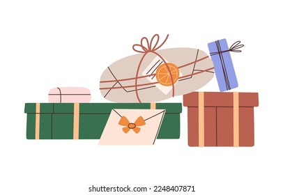 Gifts packages wrapped in holiday wrapping. Present boxes packed in festive paper with bow, ribbon. Different surprises of various shape, size. Flat vector illustration isolated on white background