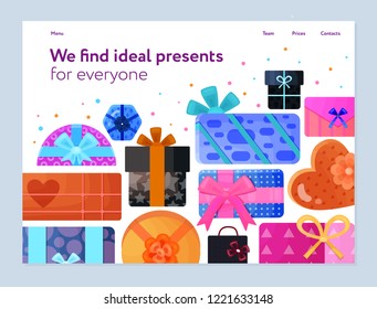 Gifts packaging service flat banner with colorful wrapping paper ribbons round heart rectangular shaped boxes vector illustration