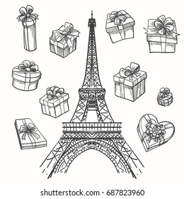 Gifts from Paris vector illustration. Eiffel tower and gift boxes
