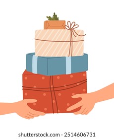 Gifts passing from hand to hand. Human hands giving presents for another person. Design concept for celebrating Christmas and other holidays. Vector flat illustration