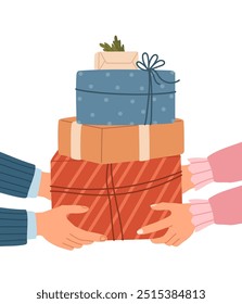 Regalos que pasan de mano en mano. Las manos de los hombres dando regalos para las mujeres. Concepto de diseño para celebrar Navidades y otras fiestas. Ilustración plana de Vector