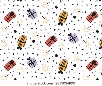 Gifts pattern with serpentine on a transparent background, vector graphics for packaging, textiles, gifts for children, seamless pattern, flat style
