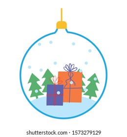 Gifts and pine trees inside sphere design, Merry christmas season decoration card invitation celebration and holiday theme Vector illustration