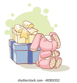 gifts and pink plushy rabbit sitting near it