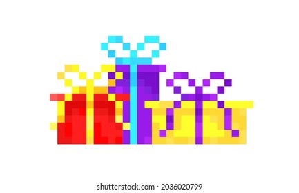 Gifts pixel icons set. Podcast 8-bit vector illustration.