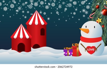 Geschenke unter den Weihnachtsbaum gelegt. Der Weihnachtsmann ist im Schnee. Verschiedene Geschenke wie Teddybären, Geschenkbox und Bonbons.