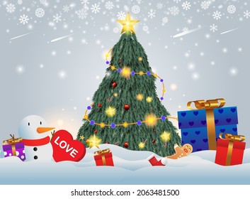 Gifts placed under the Christmas tree. Santa's gift in the snow. Various gifts such as gift boxes and candies. Snow white background