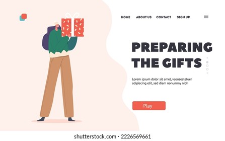 Gifts Preparing Landing Page Template. Happy Girl in Winter Sweater and Hat with Gift Box. Female Character Holding Present for Christmas, New Year or Valentine Holidays. Cartoon Vector Illustration