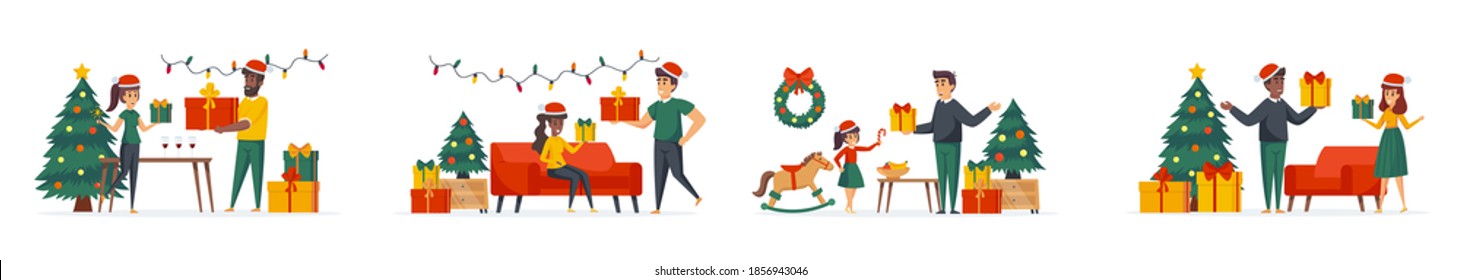 Gifts presenting bundle of scenes with flat people characters. Happy people giving gifts to each other conceptual situations. Merry Christmas and Happy New Year celebration cartoon vector illustration