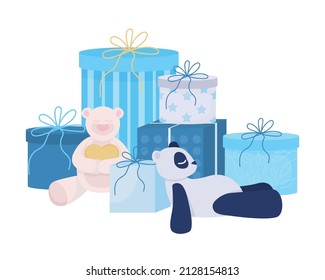 Gifts and presents for child semi flat color vector object. Full sized item on white. Blue boxes. Party arrangement simple cartoon style illustration for web graphic design and animation