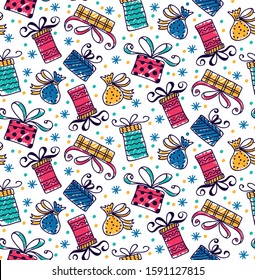 Gifts presents for Christmas birthday doodle seamless vector pattern