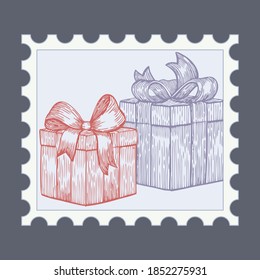 Gifts and presents. Christmas stamps with holiday Vintage illustration. Postage stamp frames. Vector 