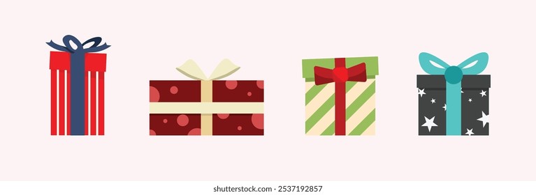 Gifts and presents for holiday celebration and special occasions. set of different boxes. Vector illustration in flat style, christmas giftbox asset design vector