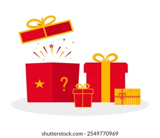 Gifts and presents for holiday celebration and special sales offer. surprise red gift box, birthday celebration, special give away package, loyalty program reward, wonder gift with exclamation mark,