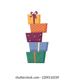 Gifts and presents for holiday celebrations or congratulations. Isolated pile of boxes with wrapping paper and decorative ribbon bows. Vector in flat cartoon style