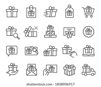 Gifts and Presents Icons set. Collection of simple linear web icons such Gift Box, Delivery of a Gift, Gift Cards, Gift Certificate and others. Editable vector stroke.