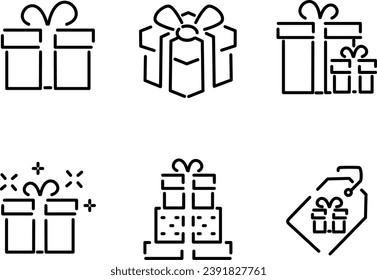 Gifts and Presents Icons set. Collection of simple linear web icons such Gift Box, Gift Tag and others. Editable vector stroke