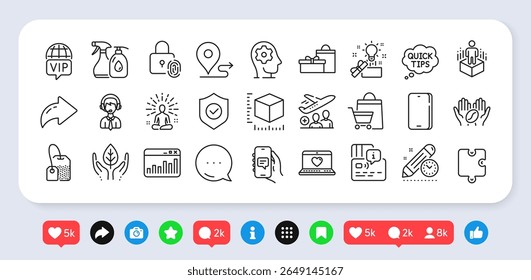 Gifts, Puzzle and Journey line icons pack. Social media: share, comment, like icons. Security shield, Brain working, Fair trade web icon. Fingerprint lock, Yoga, Web love pictogram. Vector