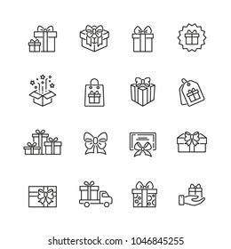 Gifts related icons: thin vector icon set, black and white kit