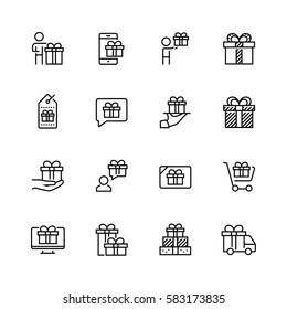 Gifts related vector icon set in thin line style