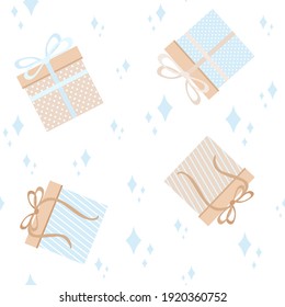 Geschenke mit Bandbogen, Sequenzen, nahtloses Muster. Vektorgrafik, Pastellfarben, blauer Beige, braun, skalierbar in jeder Größe. Zum Einpacken von Papier, Textilien, Notebooks, Scrapbooks, Cover, Papier usw.