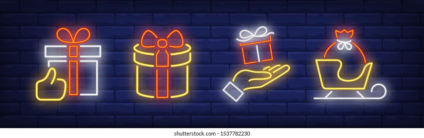 Gifts sack, boxes, sleigh and hands neon signs set. Christmas, New Year Day, celebration design. Night bright neon sign, colorful billboard, light banner. Vector illustration in neon style.