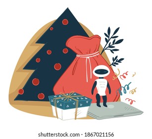 Gifts in sack, presents for celebrating xmas and new year. Christmas pine tree with decorative baubles and bag with innovative gadgets for kids. Robot and modern laptop. Vector in flat style