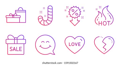 Gifts, Sale offer and Love line icons set. Smile face, Discount and Candy signs. Hot sale, Broken heart symbols. Birthday boxes, Gift box. Holidays set. Gradient gifts icon. Vector