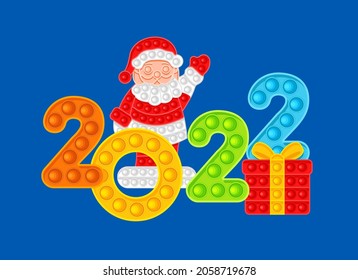 Gifts, Santa Claus and colored numbers 2022. Symbols of the New Year, anti-stress toy. Vector illustration on blue background