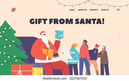 Gifts from Santa Landing Page Template. Little Girls and Boys Characters Stand in Queue Read Poems to Father Noel who Sit on Armchair at Decorated Christmas Tree. Cartoon People Vector Illustration