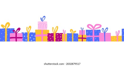 Regalos sin fisuras. Trato a mano simple cumpleaños o regalos de navidad. Cajas de doodle de color liso con cintas, colores amarillos y azules rosados ilustración vectorial marco