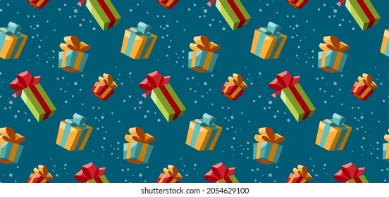 Gifts seamless pattern. Background for Christmas holiday or Birthday wallpaper gifts with ribbon bows falling down on blue background. Vector illustration.