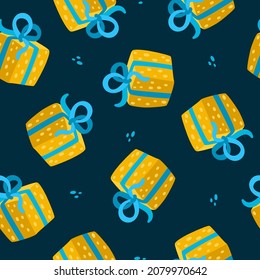 Gifts seamless pattern for greeting cards, wrapping papers. Christmas and birthday vector flat illustration in blue-green and yellow colors. 