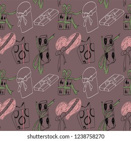 Gifts seamless pattern on brown background.