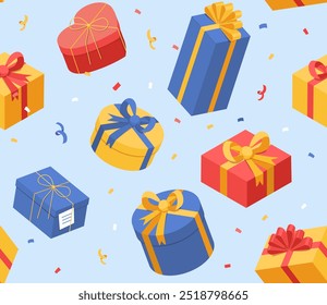 Gifts seamless pattern. Repeating design element for fabric printing. Christmas and Xmas, New Year and Noel Eve. Present and surprise. Winter holidays and festivals. Flat vector illustration