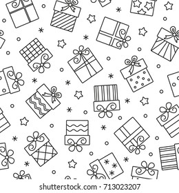 Gifts seamless pattern. Tiling textures with thin line black and white icon set