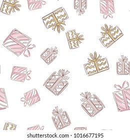 Gifts seamless pattern. Valentine day love beautiful background.  Hand drawn vector design elements for fashion print, poster, sale banner, greeting card, invitation. 