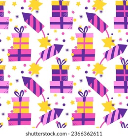 Gifts seamless pattern. Vector. Holiday concept. Pink gifts with a ribbon.