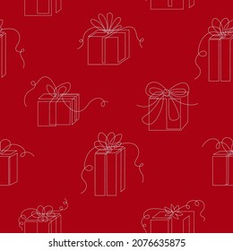 Gifts seamless pattern,one-line art.Christmas background with hand-drawn continuous contours.Doodle, sketch style, minimalism.Holiday New Year festive wrapping paper,wallpaper. Isolated.Vector