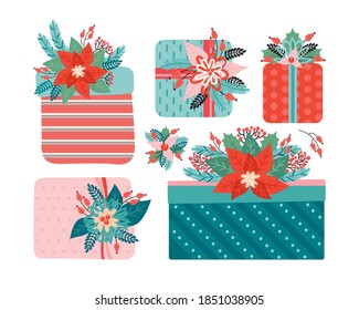 Gifts set with bows decorated with Christmas floral elements. Happy Christmas and new year design concept. Poinsettia, Needles, flowers, leaves, berries. Trendy retro style. Hand drawn vector illustration