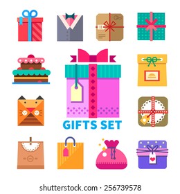 Gifts Set In Flat Style Gifts Set Packaging And Decoration, Original Design, Giving Gifts In Celebration. Cake, Candy, Bag, Bow, Gift Wrapping.  Vector Flat Illustrations And Icon Set 