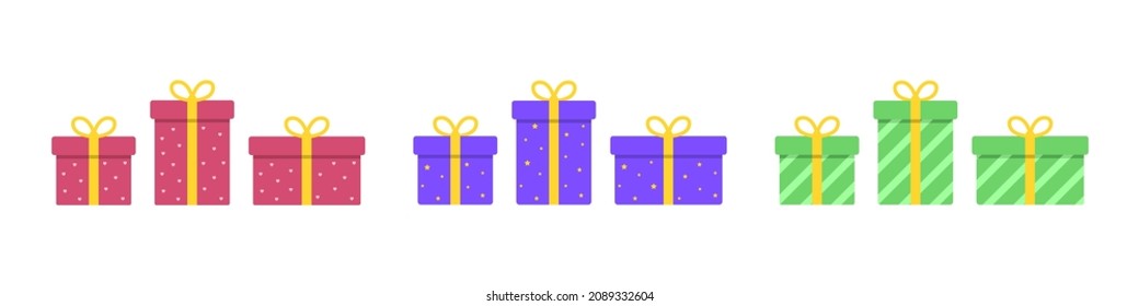 Gifts. A set of gift boxes wrapped in paper and tied with a ribbon. Presents for birthday or any other celebration. Flat style. Vector illustration

