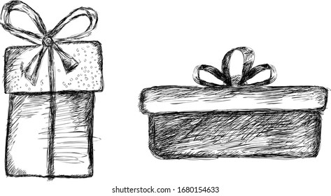 Gifts set. Hand drawing with hatching. Black and white illustration. Sketch. drawing gift box. vector