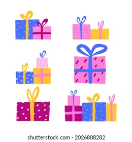 Juego de regalos. Trato a mano simple cumpleaños o regalos de navidad. Cajas de doodle de color liso con cintas, colores amarillos y azules rosados ilustración vectorial para la venta impresión o volante de carteles de descuento