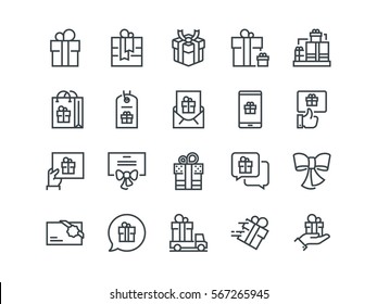 Gifts. Set of outline vector icons. Includes such as Gift Card, Present Offer, Ribbon and other