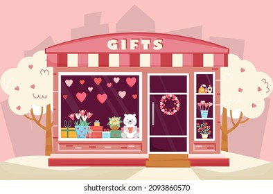 Gifts shop with Valentines day decoration. Valentines day shop window with gifts. Bouquet of flowers, gift boxes, hearts. Vector illustration in flat style. 