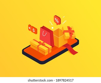 Gifts and shopping bag. Isometric. Sale, coupons, discounts. Vector