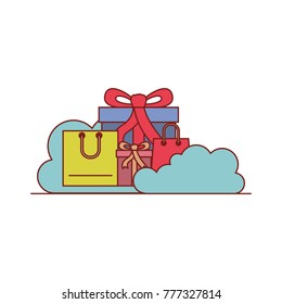 gifts and shopping bags with clouds around in colorful silhouette